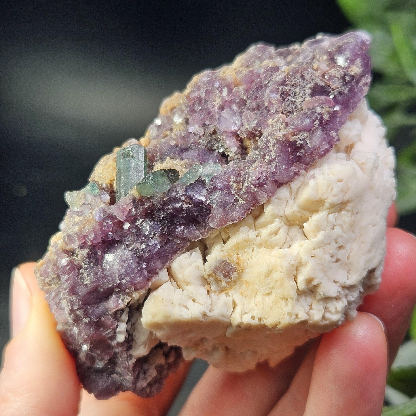 Blue Tourmaline on Lepidolite on Cleavelandite from Brazil 211g, Raw Brazilian Tourmaline Specimen, Lepidolite Crystal