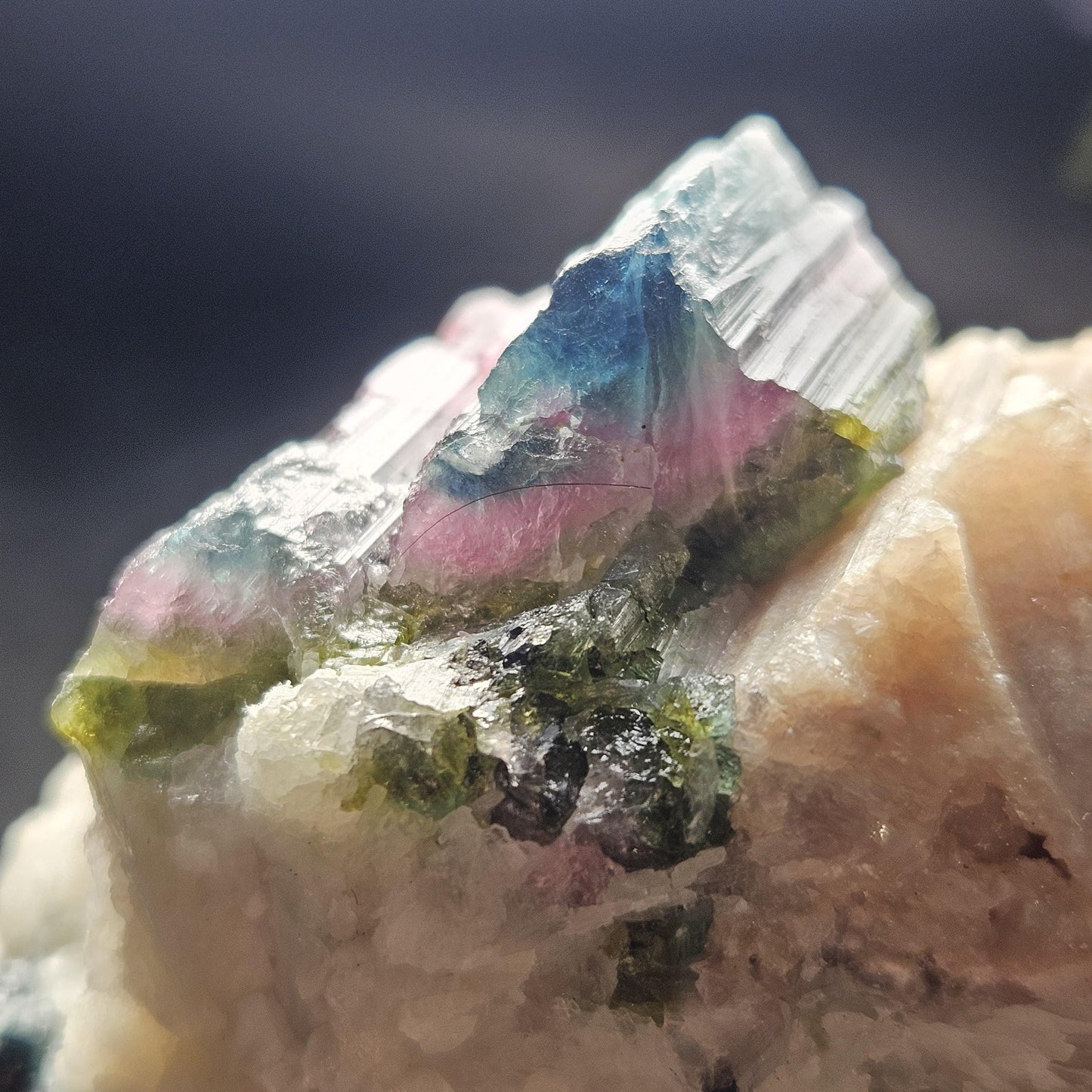 Blue Watermelon Tourmaline on Cookeite 355g, Bicolored Brazilian Tourmaline Specimen, Green Blue Pink Tourmaline Crystal