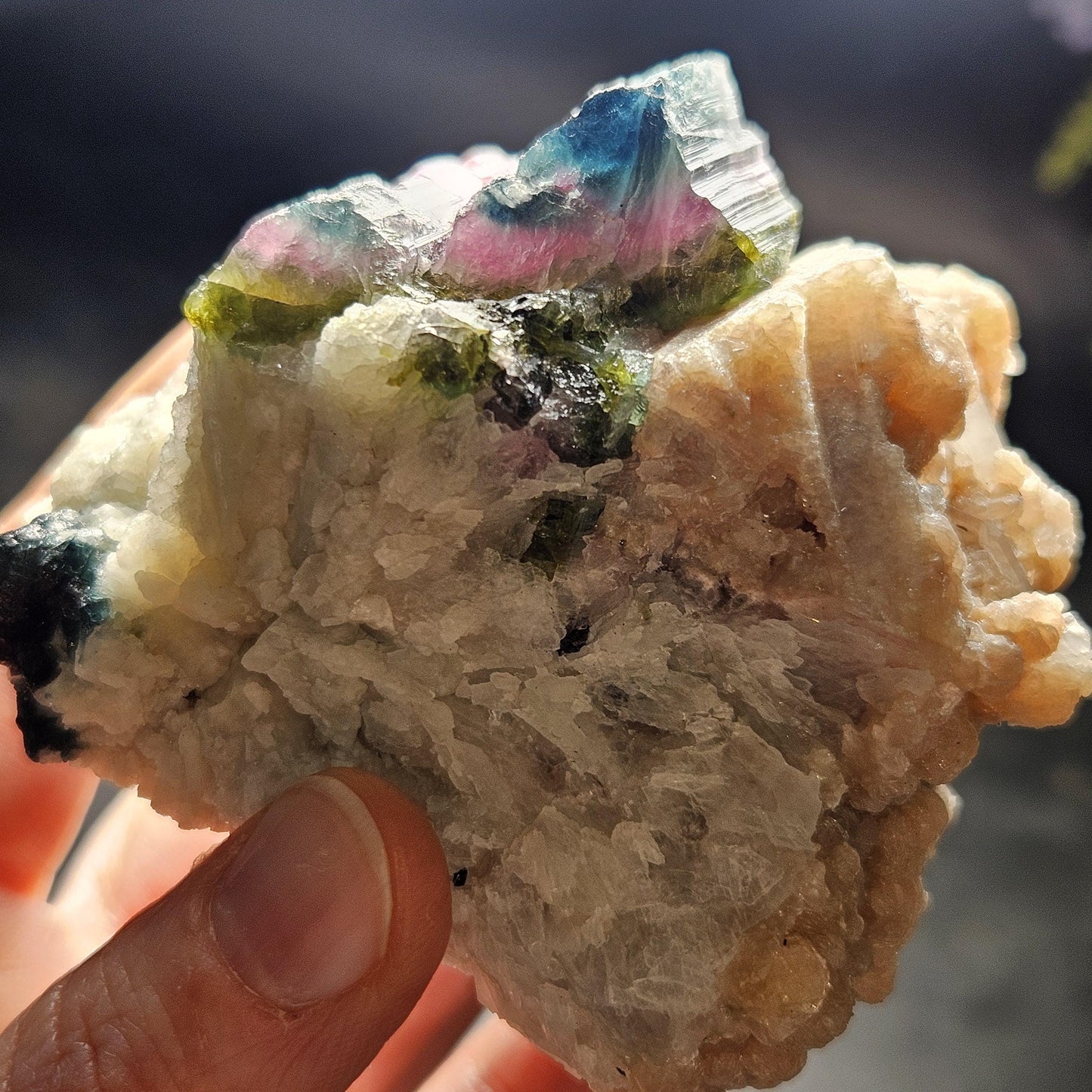 Blue Watermelon Tourmaline on Cookeite 355g, Bicolored Brazilian Tourmaline Specimen, Green Blue Pink Tourmaline Crystal