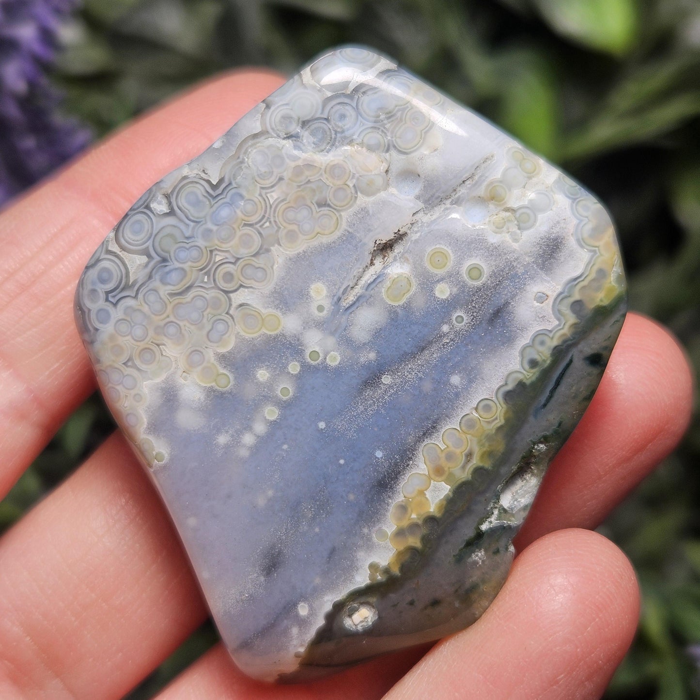 Orbicular Ocean Jasper Palm Stone, (1.25