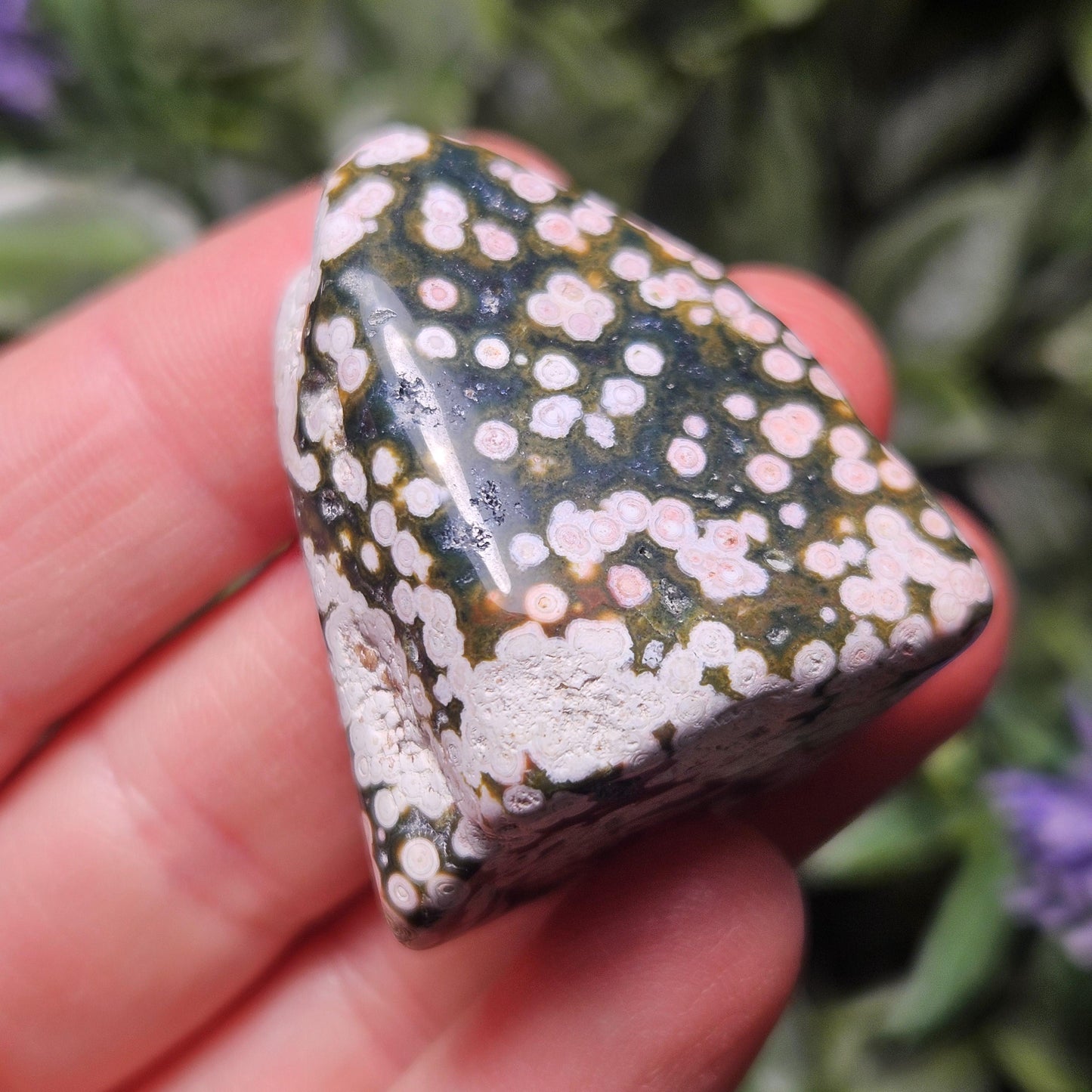 Orbicular Ocean Jasper Palm Stone, (1.25