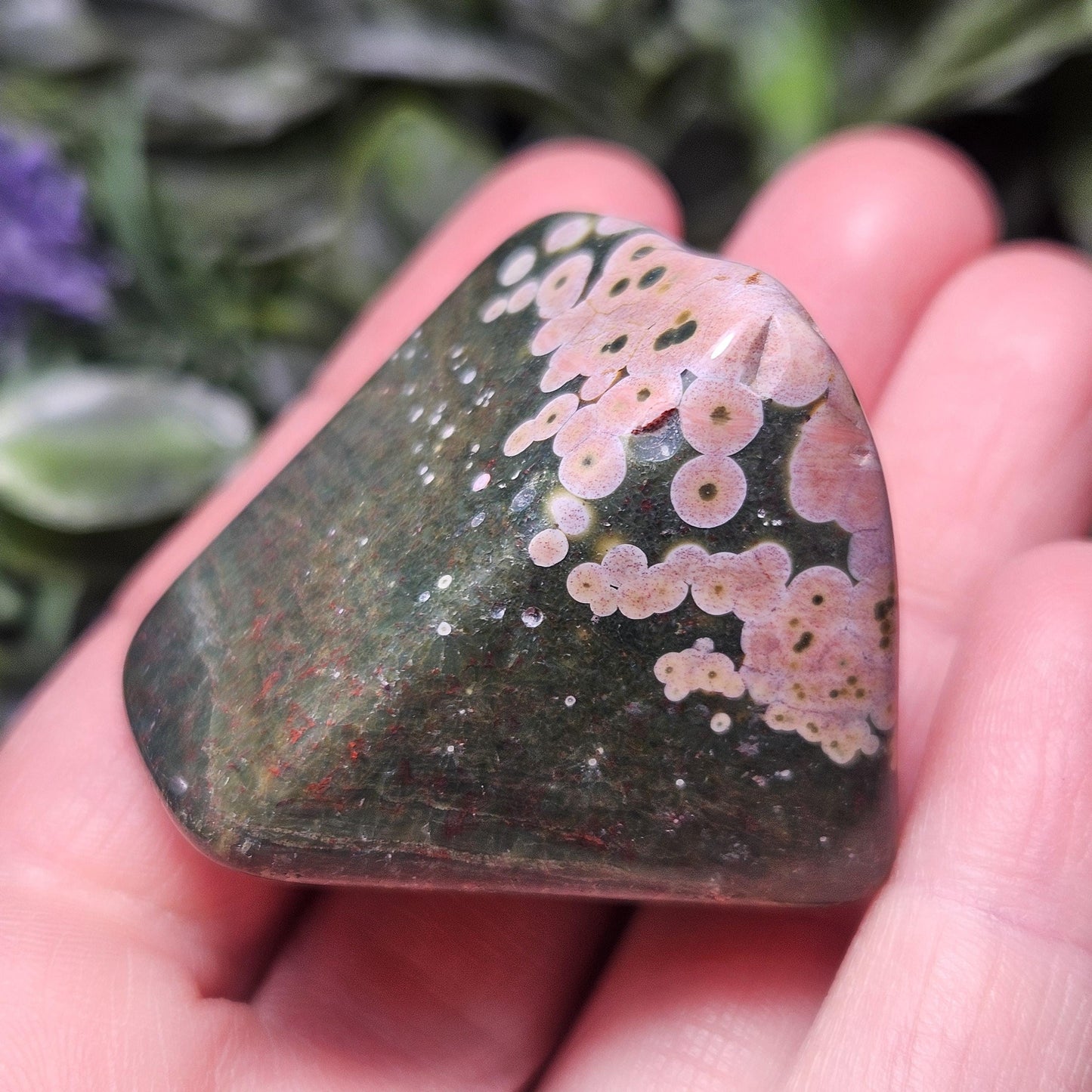 Orbicular Ocean Jasper Palm Stone, (1.25