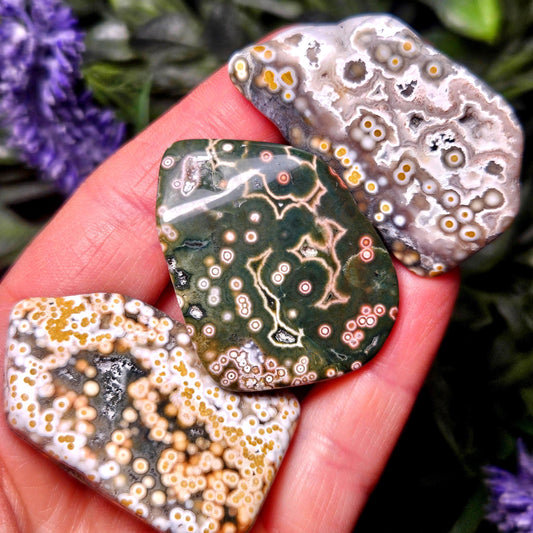 Orbicular Ocean Jasper Palm Stone, (1.25