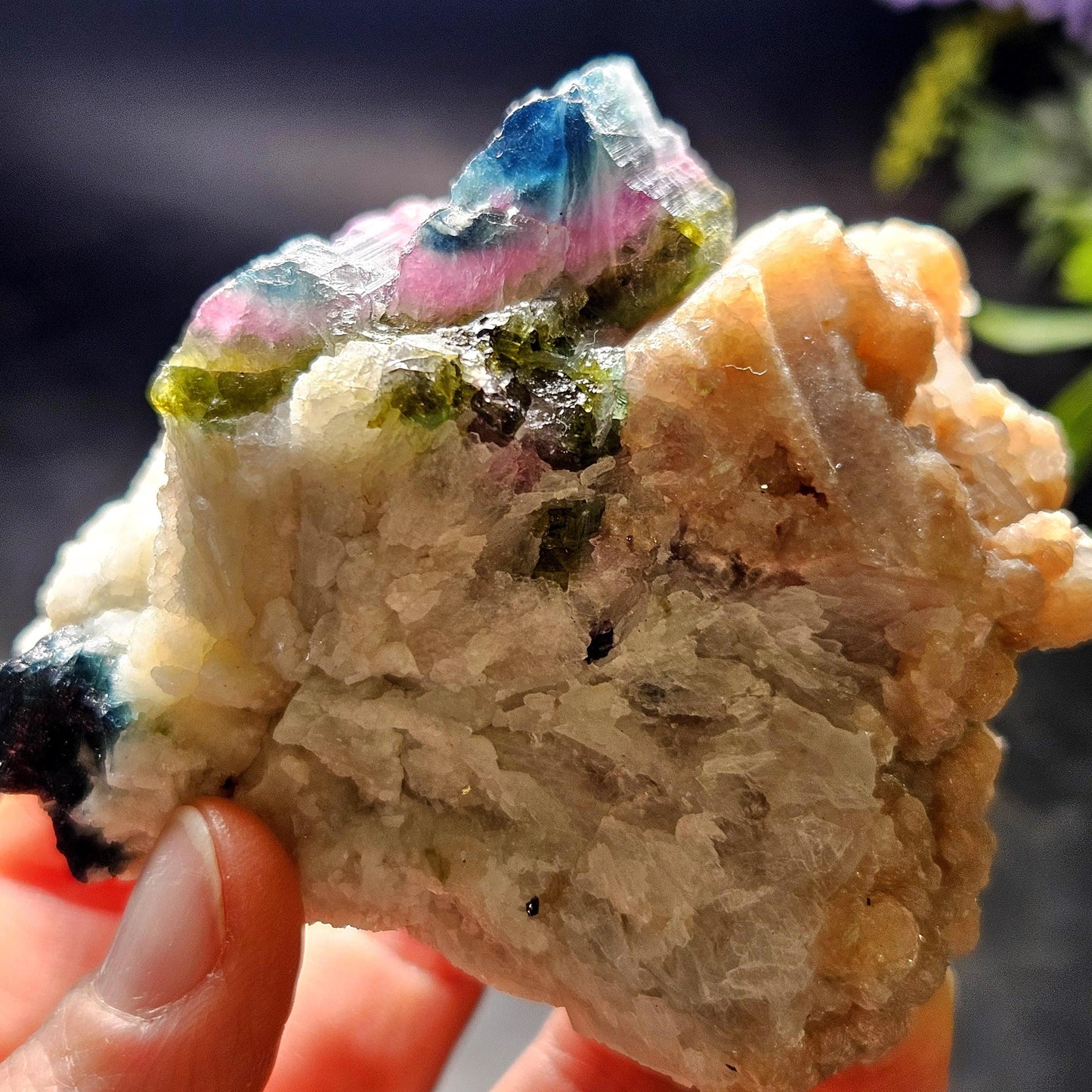 Blue Watermelon Tourmaline on Cookeite 355g, Bicolored Brazilian Tourmaline Specimen, Green Blue Pink Tourmaline Crystal