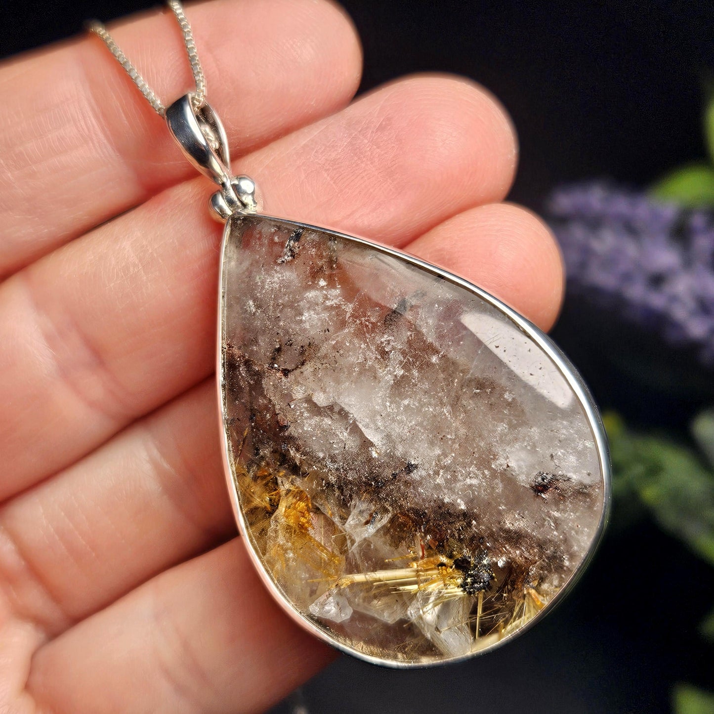 Rutile Hematite in Quartz Pendant, Sterling Silver Rutile Star Necklace