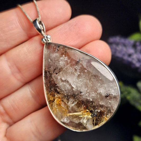 Rutile Hematite in Quartz Pendant, Sterling Silver Rutile Star Necklace