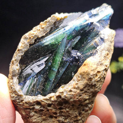 Vivianite Crystal Cluster with Botryoidal Chalcedony 107.66g, Raw Blue