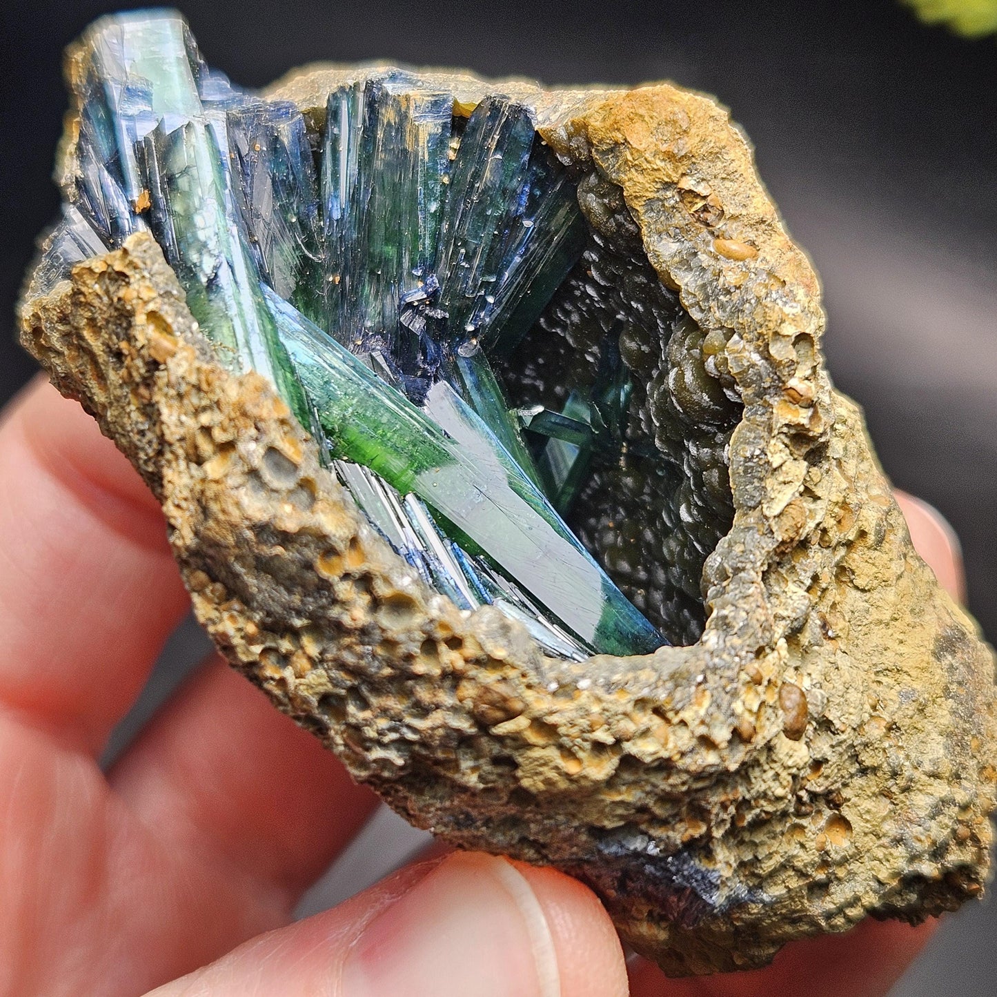 Vivianite Crystal Cluster with Botryoidal Chalcedony 107.66g, Raw Blue