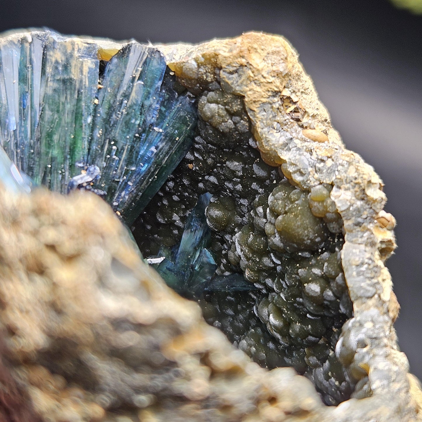 Vivianite Crystal Cluster with Botryoidal Chalcedony 107.66g, Raw Blue