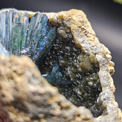 Vivianite Crystal Cluster with Botryoidal Chalcedony 107.66g, Raw Blue