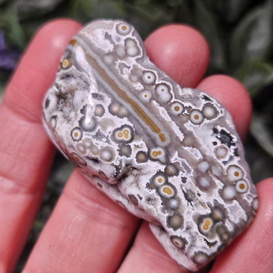 Orbicular Ocean Jasper Palm Stone, (1.25