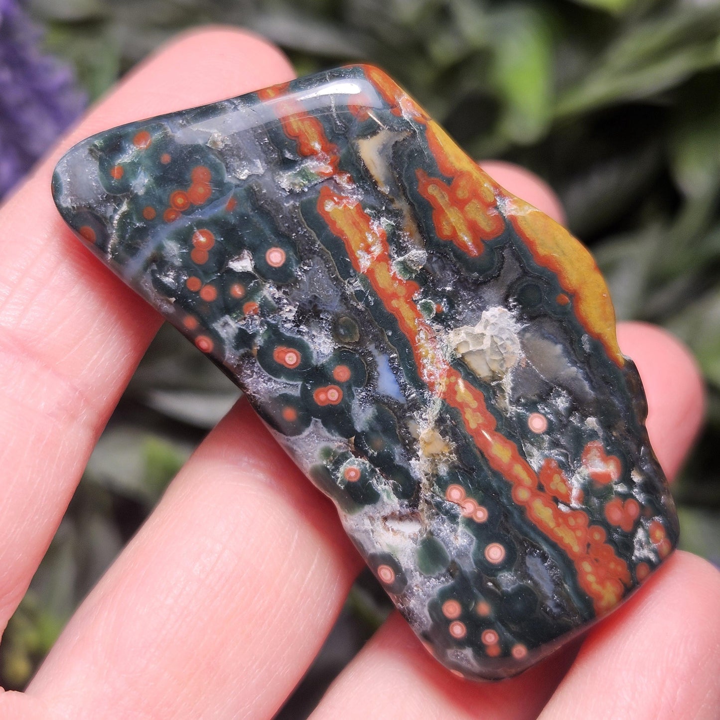 Orbicular Ocean Jasper Palm Stone, (1.25