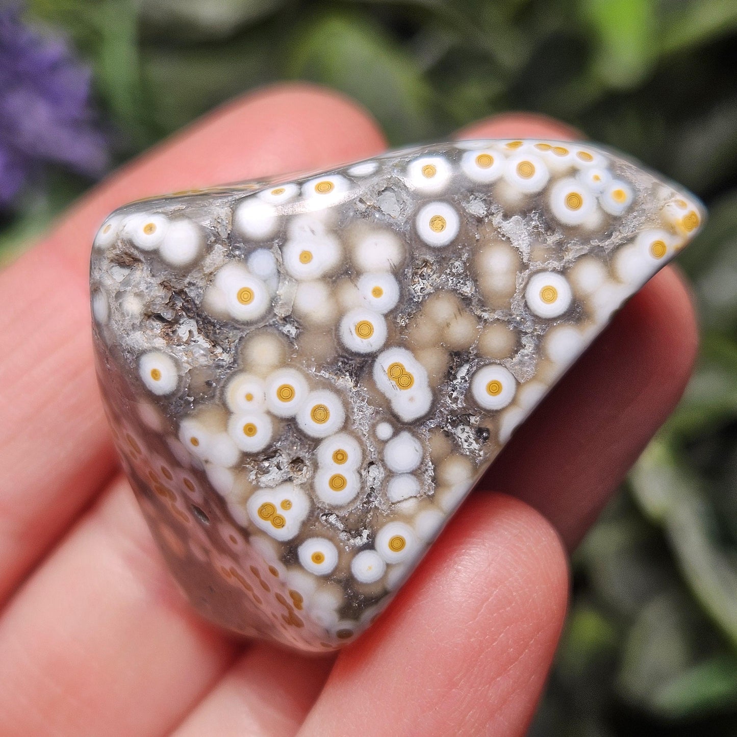 Orbicular Ocean Jasper Palm Stone, (1.25