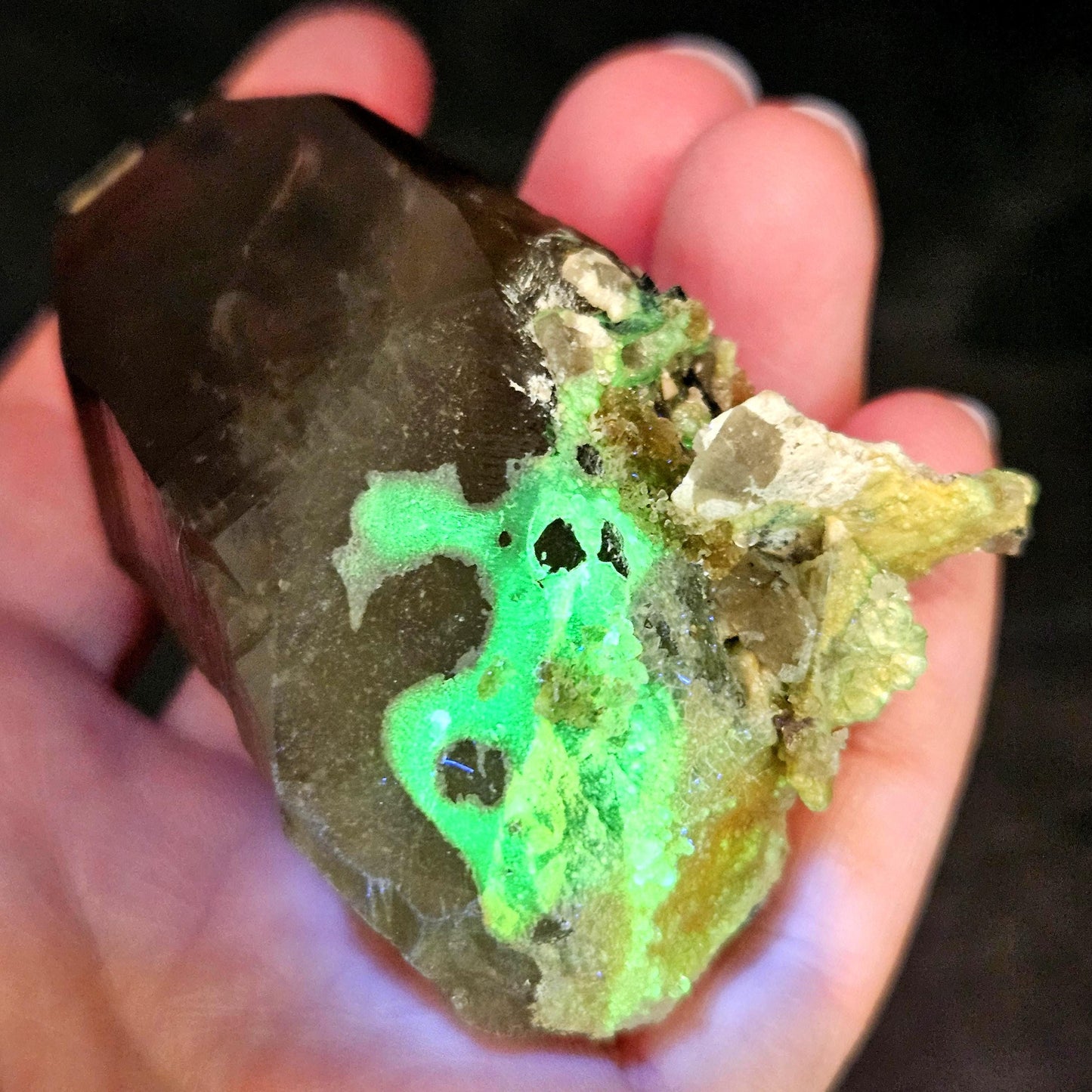 Hyalite Opal on Smoky Quartz Crystal 129.9g, Namibian Crystal Specimen