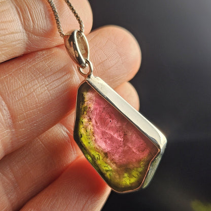 Watermelon Tourmaline Sterling Silver Pendant, Tourmaline Crystal Necklace