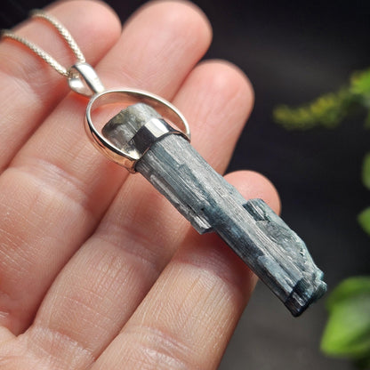 Blue Tourmaline Crystal Pendant, Sterling Silver Tourmaline Necklace