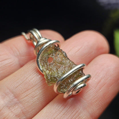 Moldavite with Natural HOLE Pendant, Authentic Moldavite Necklace