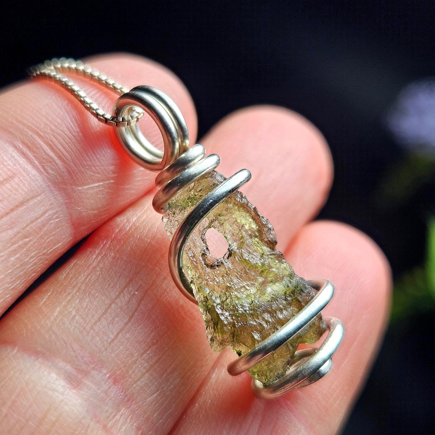 Moldavite with Natural HOLE Pendant, Authentic Moldavite Necklace