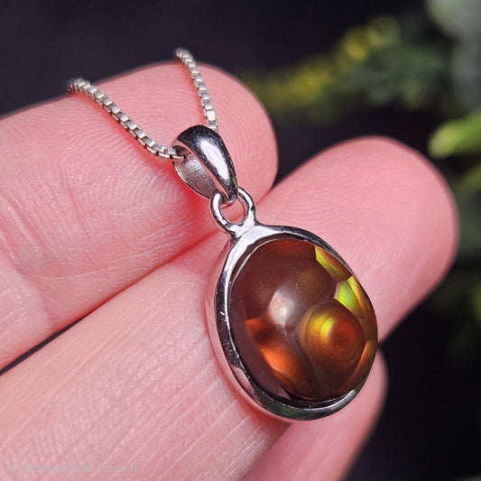 Mexican Fire Agate Pendant, Sterling Silver Polished Fire Agate Necklace