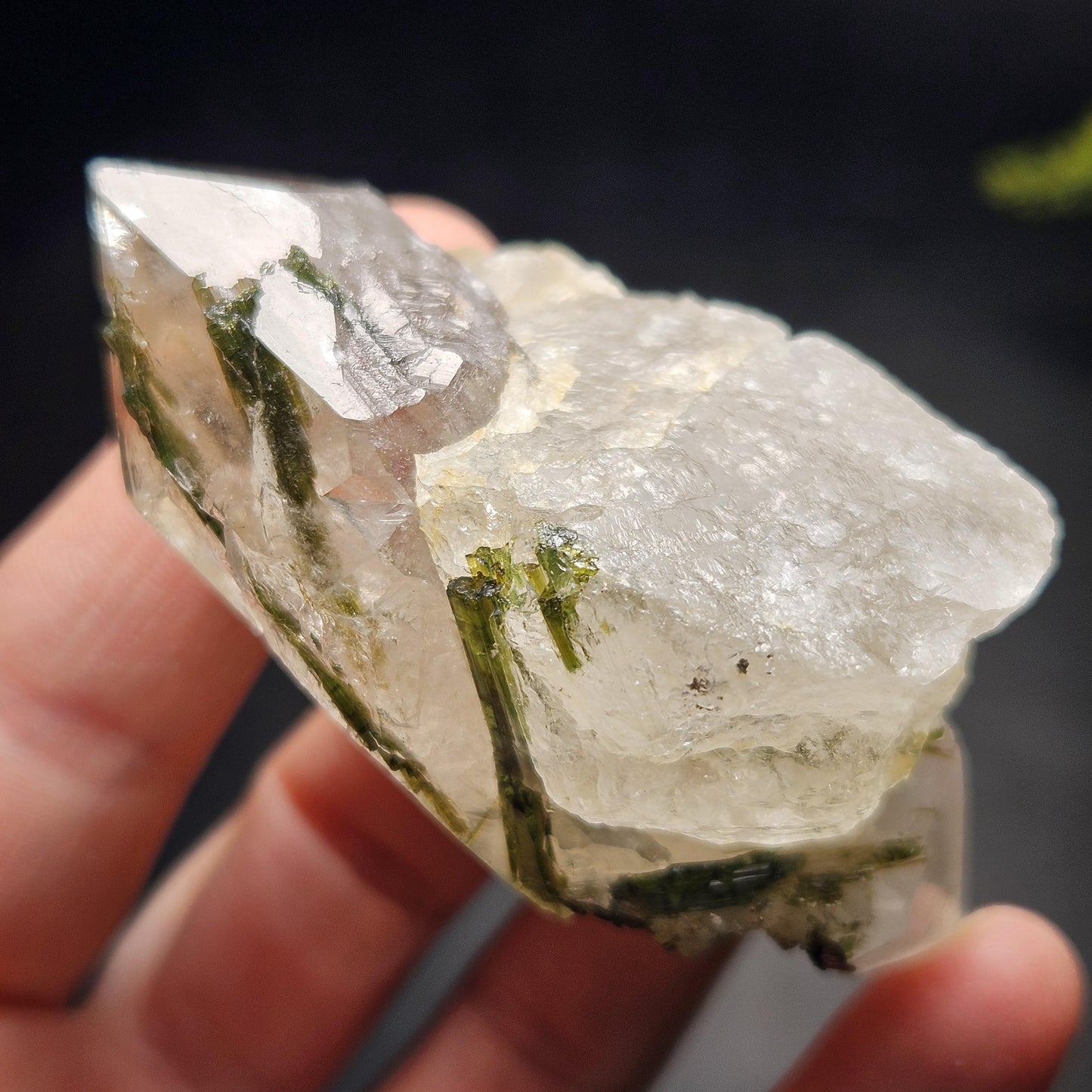 Green Tourmaline in Quartz Crystal 85.14g, Brazilian Quartz with Tourmaline, Green Tourmaline Specimen, Tourmaline Crystal