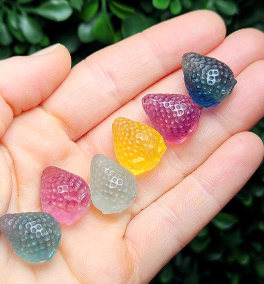 Mini Strawberry Gemstone Carving, Rainbow Fluorite Crystal
