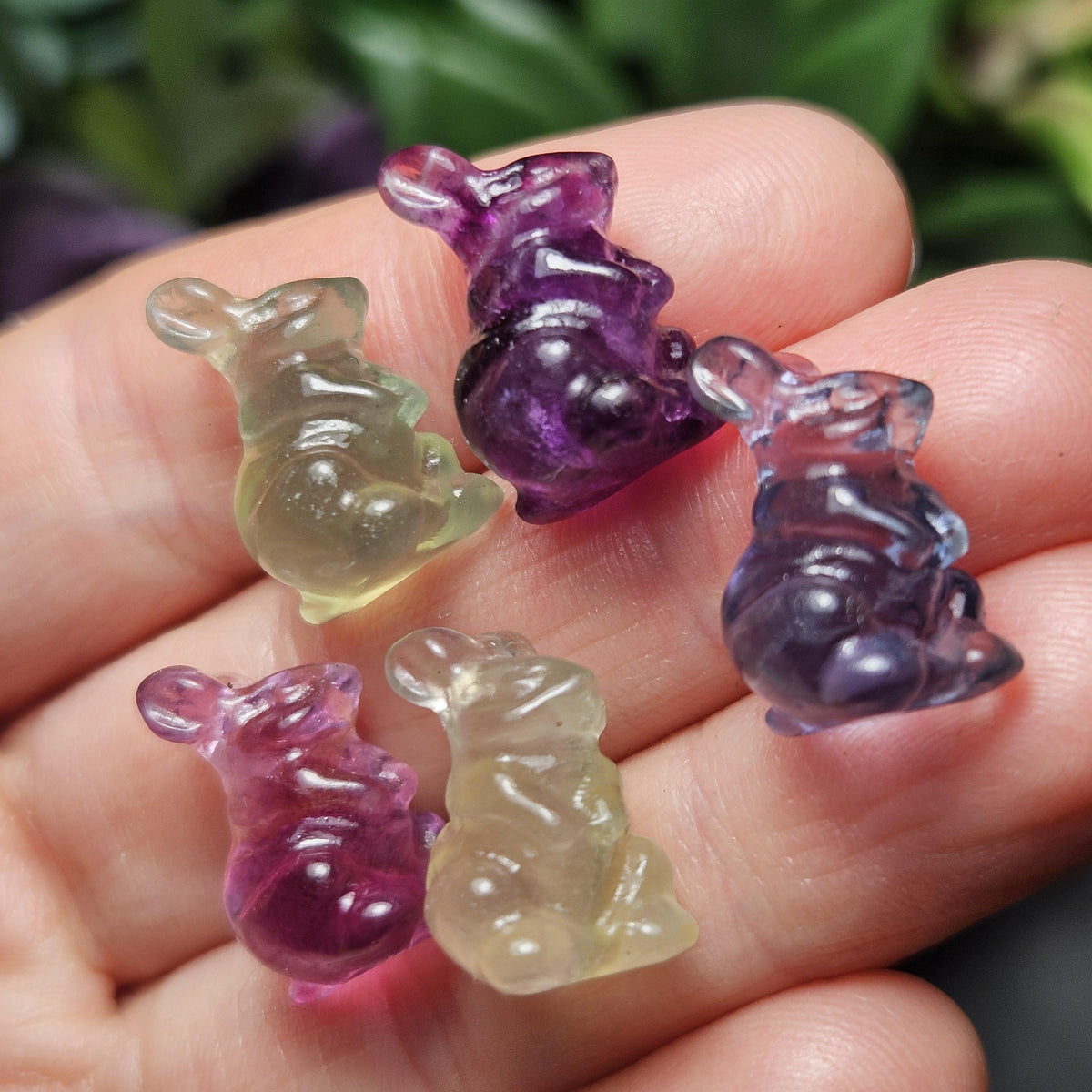 Mini Rabbit Crystal Carving, Rainbow Flourite Bunny Gemstone Polished Miniature