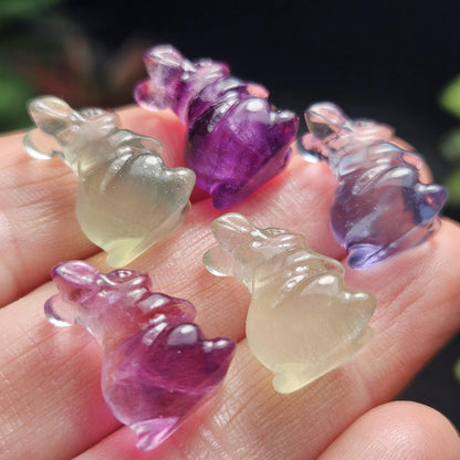 Mini Rabbit Crystal Carving, Rainbow Flourite Bunny Gemstone Polished Miniature