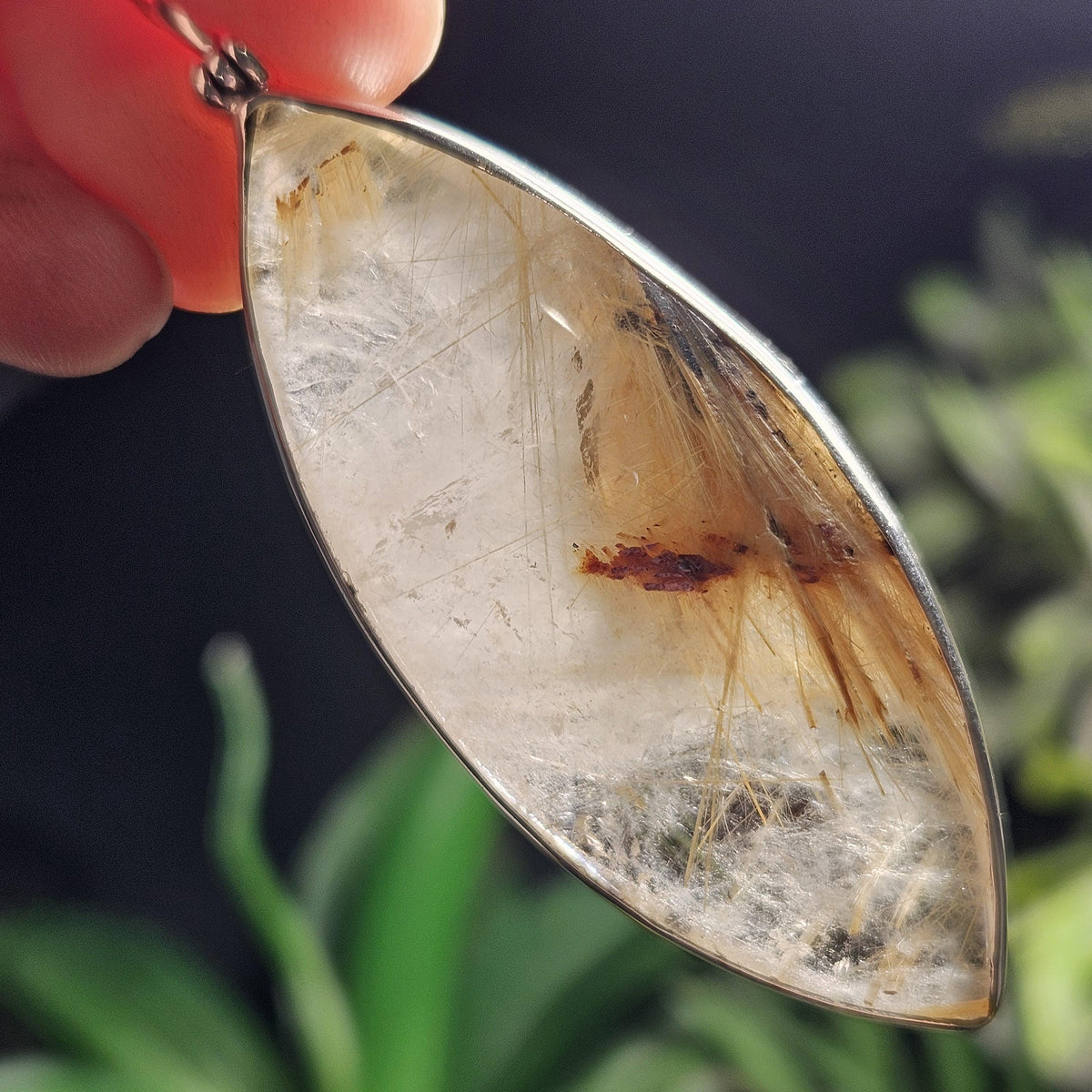Rutile Hematite Star in Quartz Pendant, Natural Brazilian Crystal Cabochon in Sterling Silver