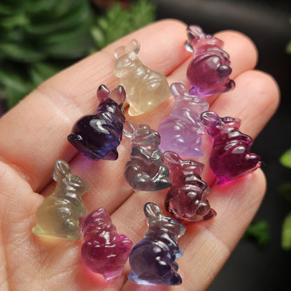 Mini Rabbit Crystal Carving, Rainbow Flourite Bunny Gemstone Polished Miniature