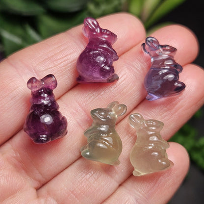Mini Rabbit Crystal Carving, Rainbow Flourite Bunny Gemstone Polished Miniature